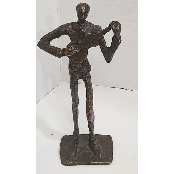 Brutalist Bronze Guitar Player Figurine - Rustic Folk Art Sculpture - Mid-Centur - Picture 1 of 3